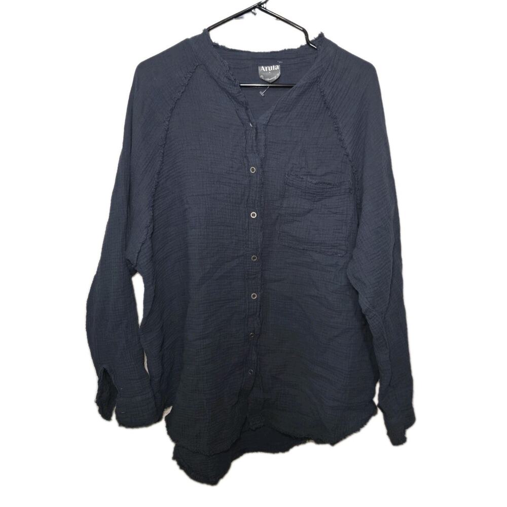 Arula Women's Navy Button-Down Top Sz A/US 1X 100% Cotton Gauzy Plus Summer